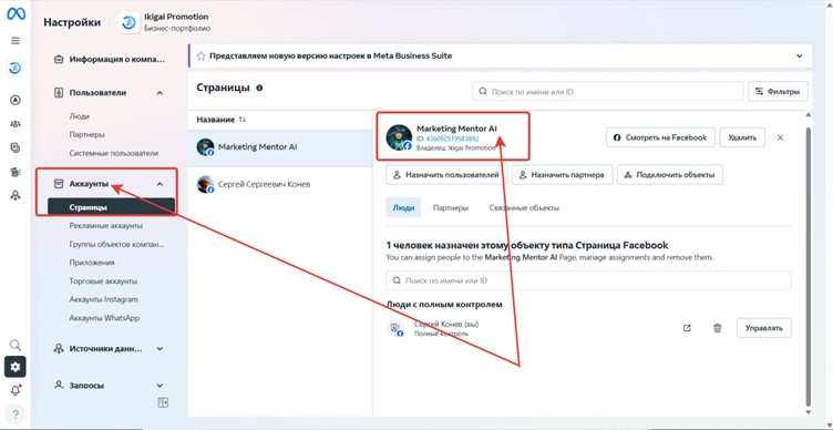 Business Manager: привязанная бизнес-страница Marketing Mentor AI в разделе Аккаунты → Страницы